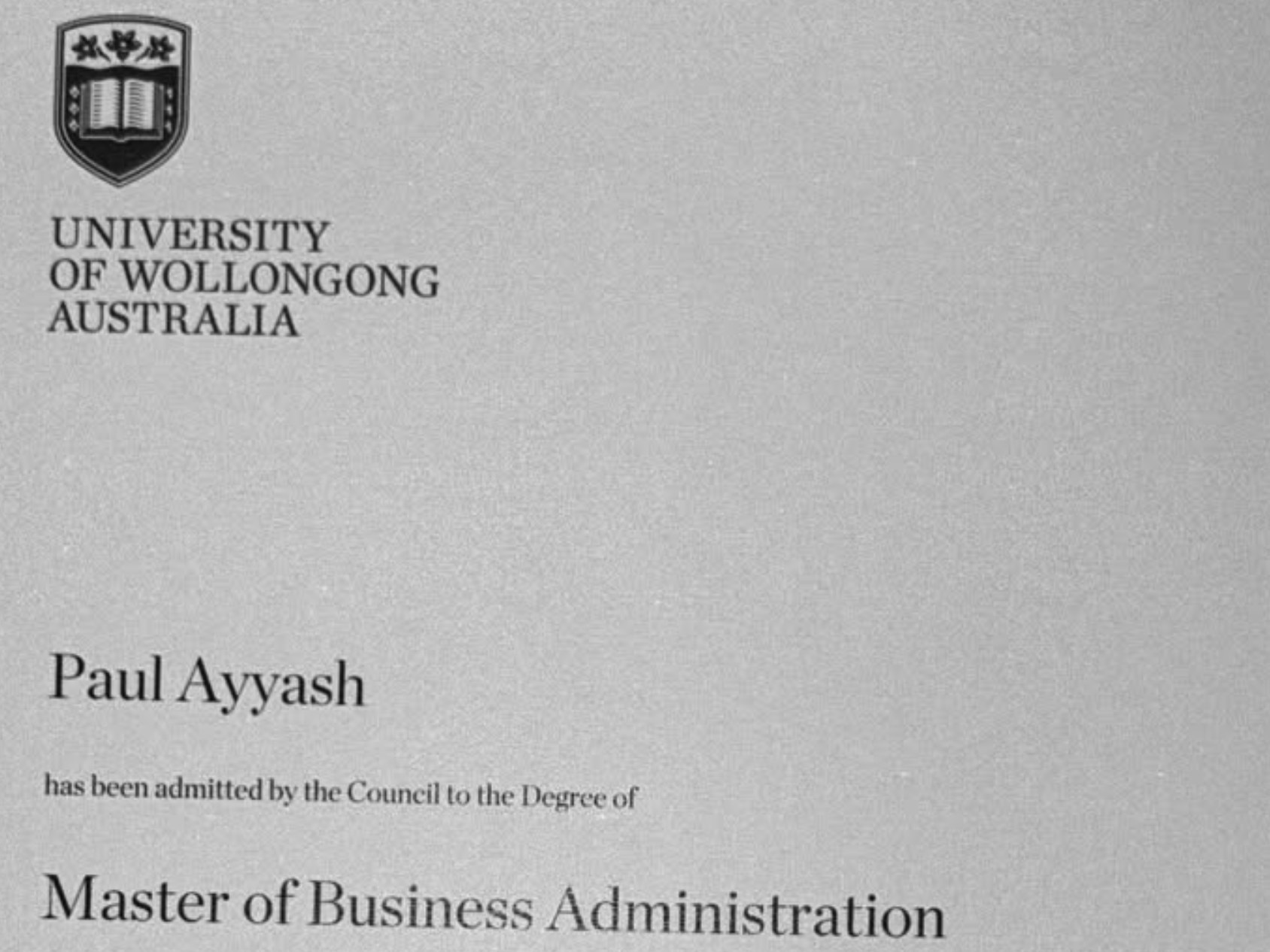 Paul Ayyash's University of Wollongong Master of Business Administration degree certificate